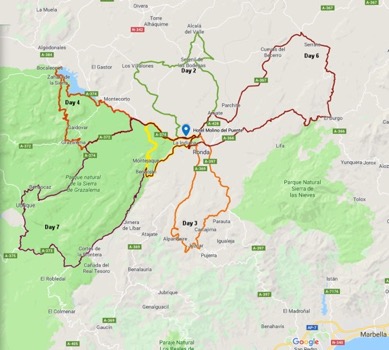 Map showing some of the routes on our Road Cycling Retreat in Spain