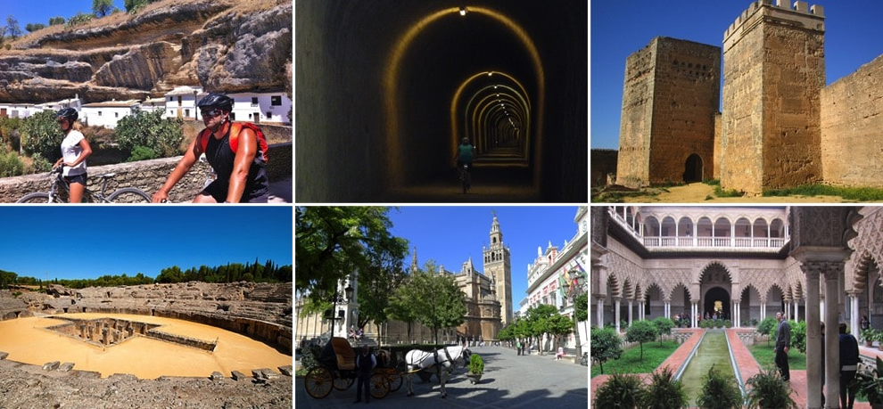collage showing places visited on our spain bike tour ronda to sevilla in andalucia