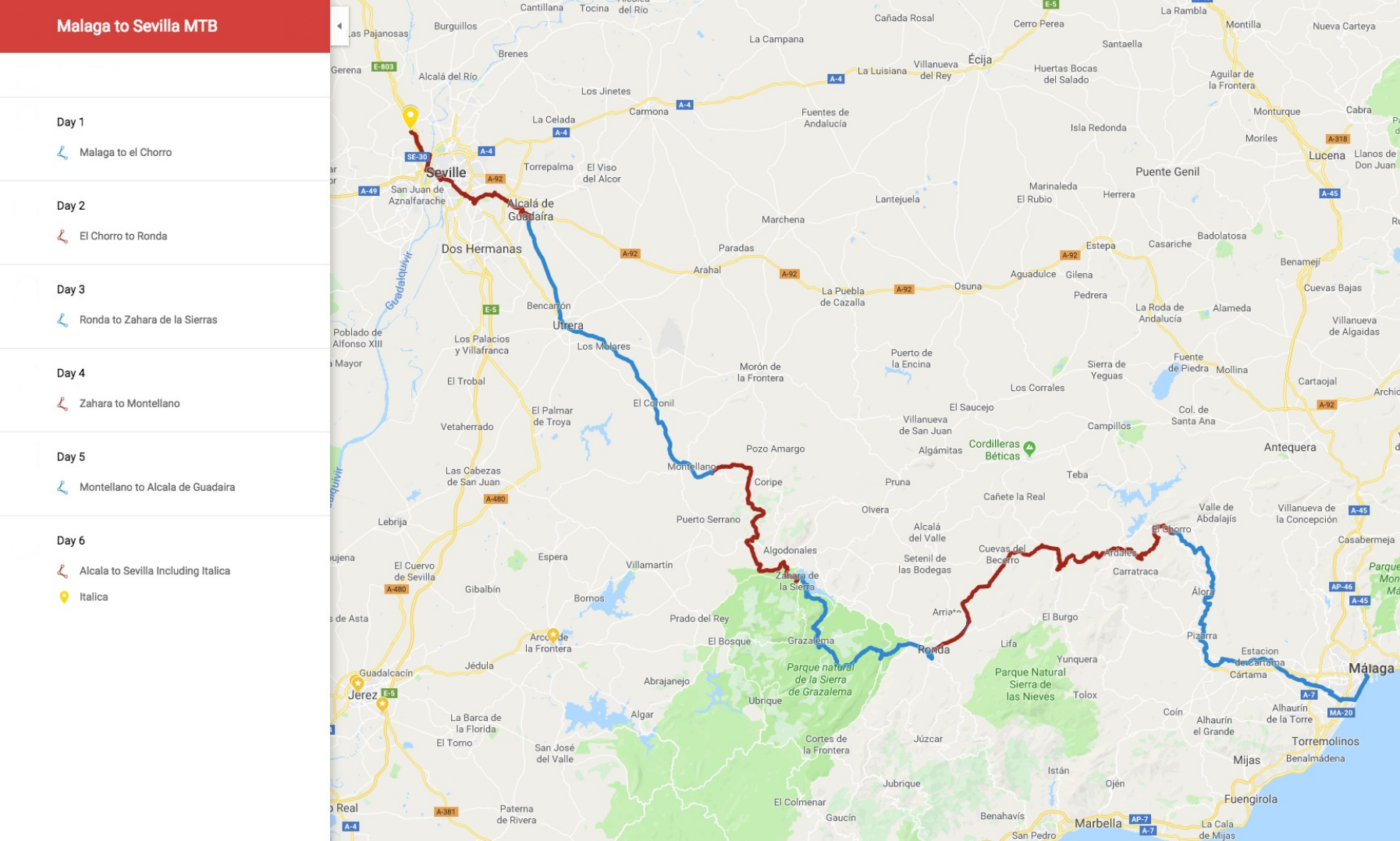 Mountain bike tour map in Andalucia Spain