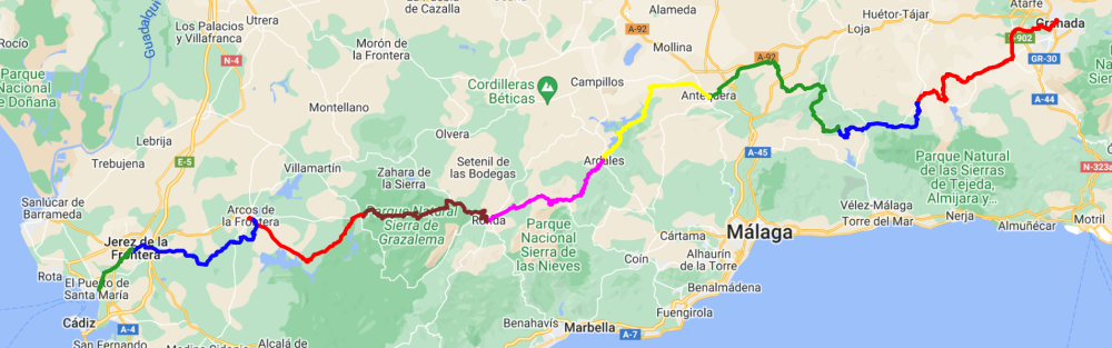bike tour from granada to cadiz in spain map