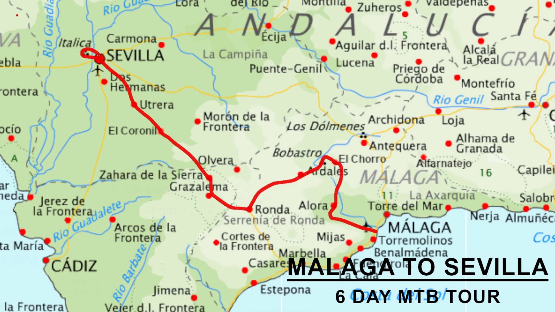 Map for route MTB tour Malaga to Sevilla Spain