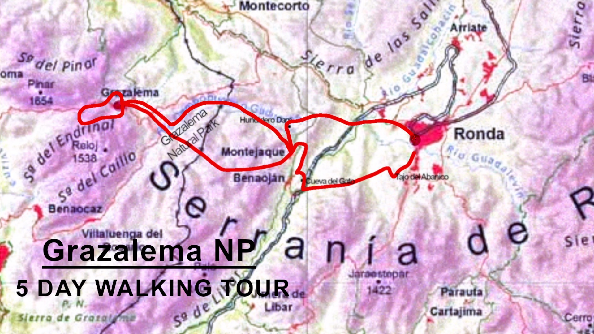 Route map for hiking tour in Andalucia Grazalema Natural Park
