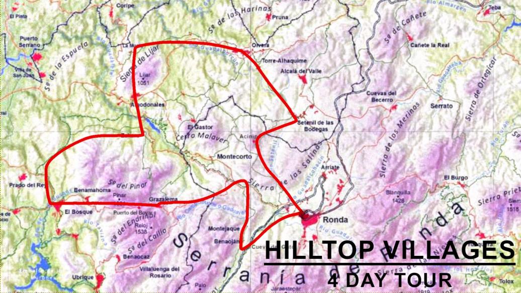 Hilltop towns Andalucian road cycling tour in spain route map