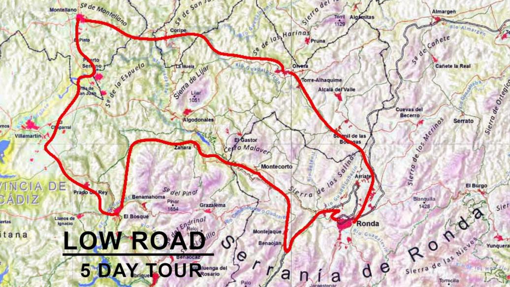 Low road Andalucian white villages bike tour route map