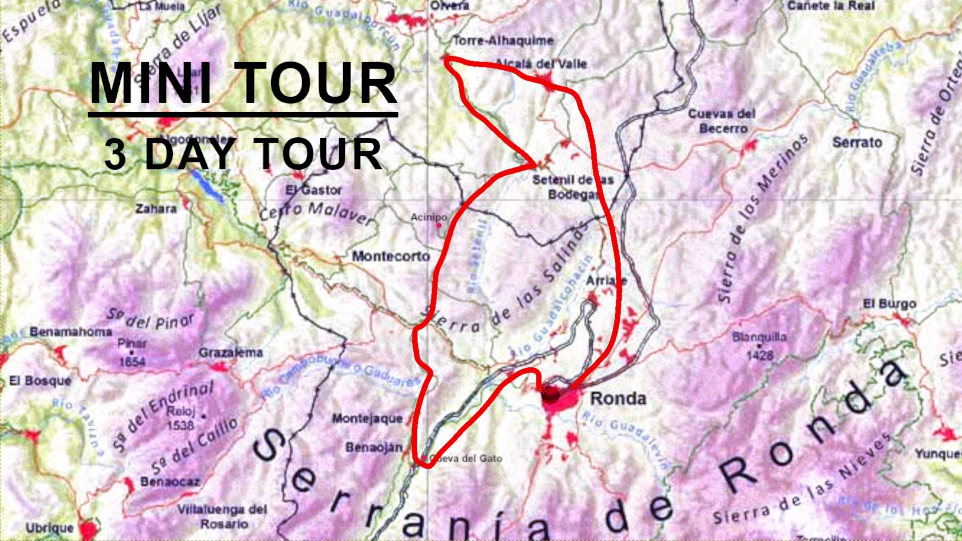 Route map for 3 day bike tour in andalucia spain