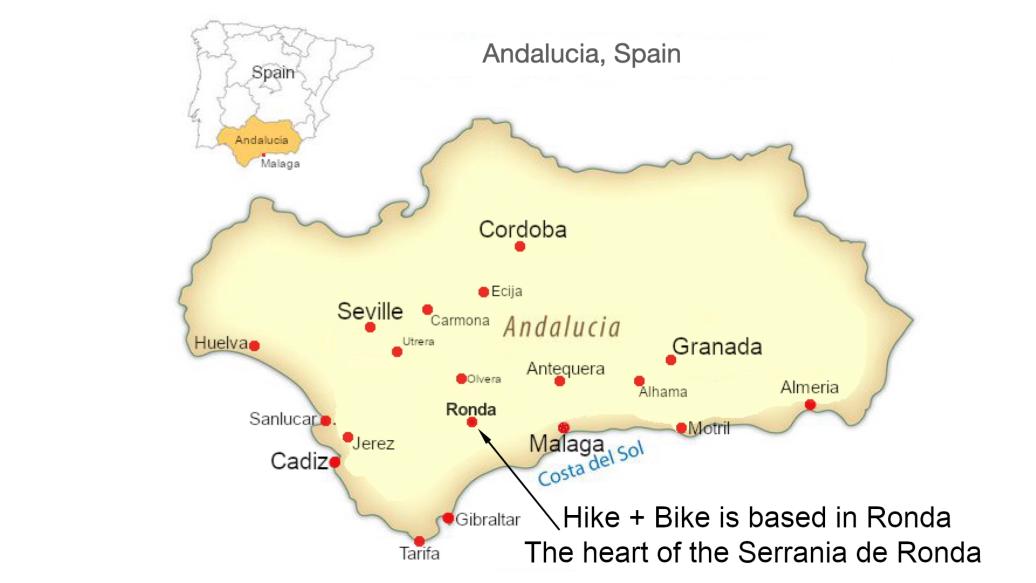 Map showing Andalucia Spain and Hike and bikes location in Ronda