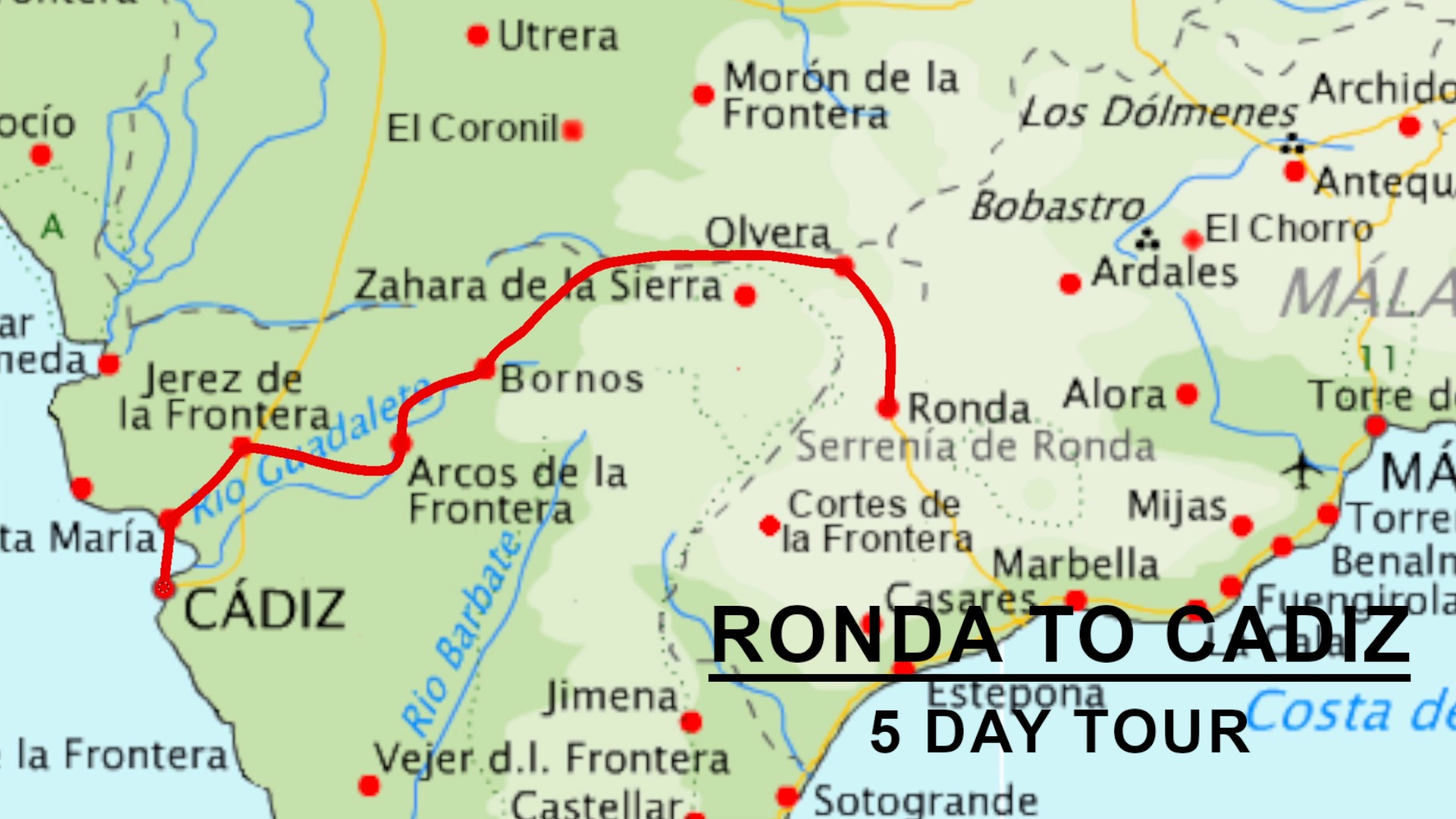 Ronda to Cadiz cycling tour spain map