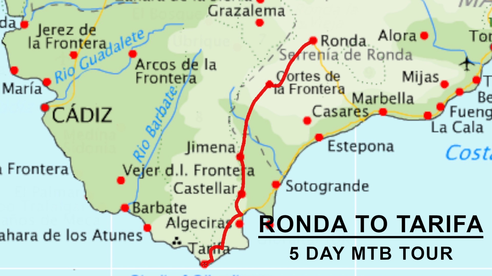 Map showing route of our Bike Tour in Andalucia from Ronda to Tarifa