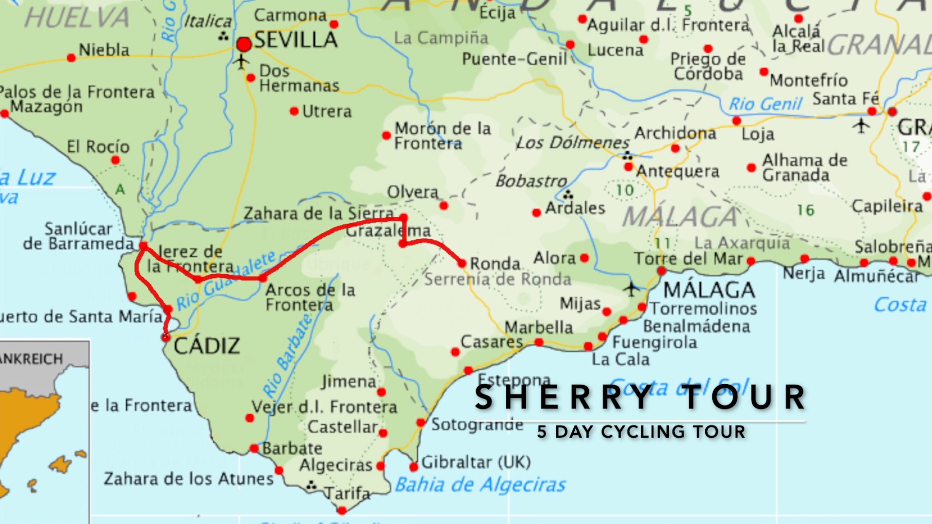 Cycling tour Spain map for Ronda to Cadiz sherry triangle tour