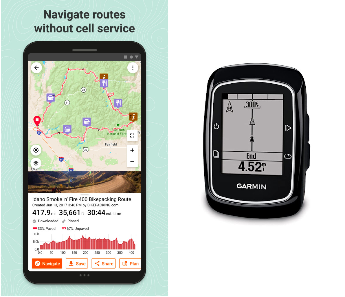 Ride with GPS application on a phone and a Garmin 200